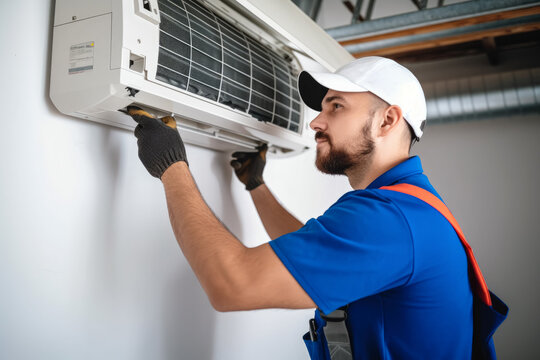 HVAC technician installing a mini split air conditioner in Santa Clarita