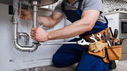 Plumber repairing pipes beneath a sink in Santa Clarita